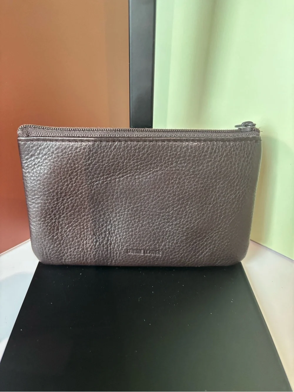 Genuine Leather Zip Wallet Pouch in Deep Brown